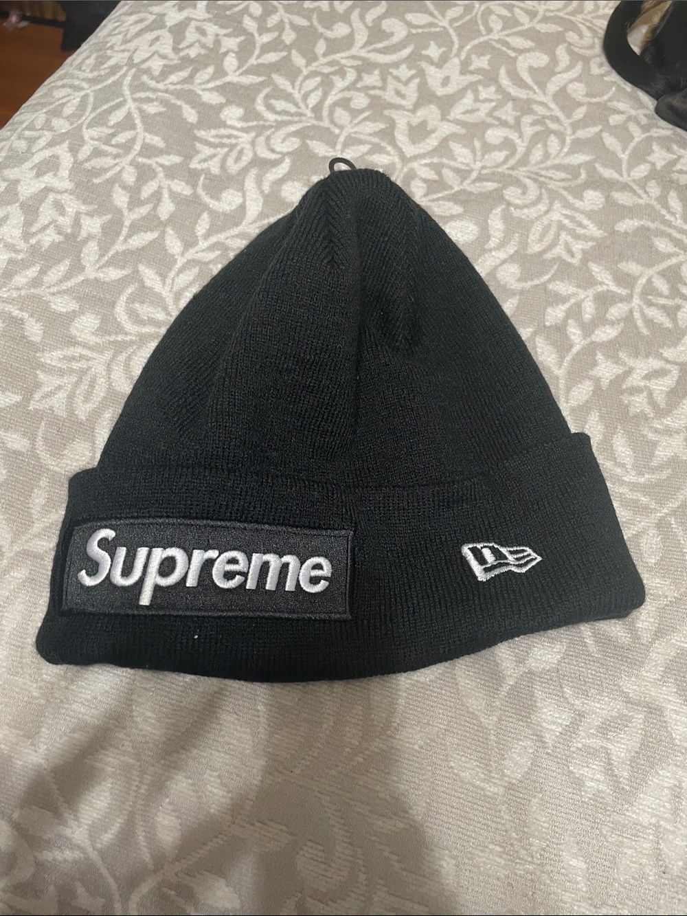 Supreme Black Beanie with White Embroidered Logos